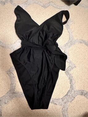 Classic Black A&F One-Piece Swimsuit with Waist Tie
